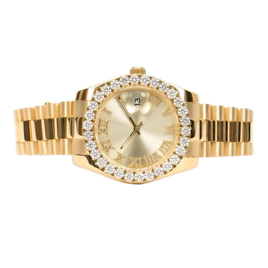 Moissanite Stainless Steel Gold Dial Men Yellow Steel Band Watch