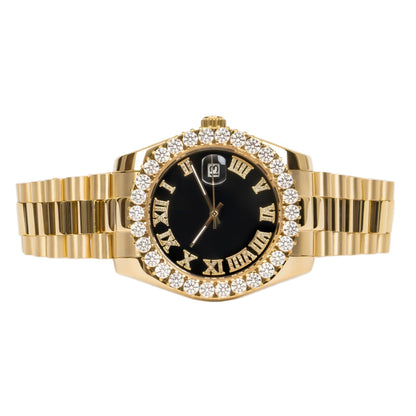 Moissanite Stainless Steel Black Dial Men Yellow Steel Band Watch