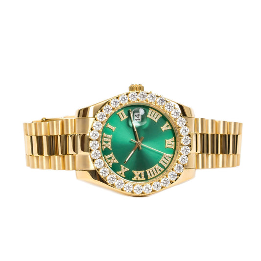 Moissanite Stainless Steel Green Dial Men Yellow Steel Band Watch