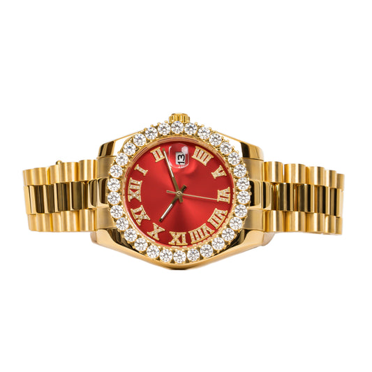 Moissanite Stainless Steel Red Dial Men Yellow Steel Band Watch