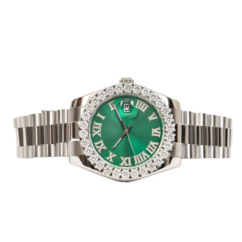Moissanite Stainless Steel Green Dial Men White Steel Band Watch