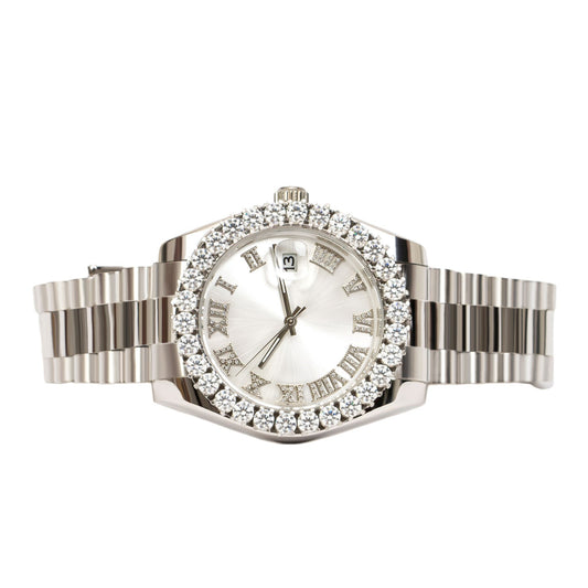 Moissanite Stainless Steel Silver Dial Men White Steel Band Watch