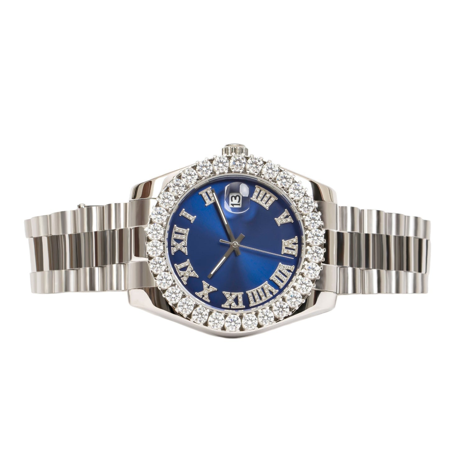Moissanite Stainless Steel Blue Dial Men White Steel Band Watch