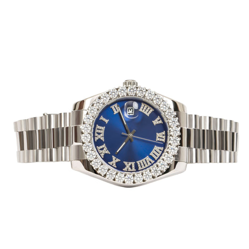 Moissanite Stainless Steel Blue Dial Men White Steel Band Watch