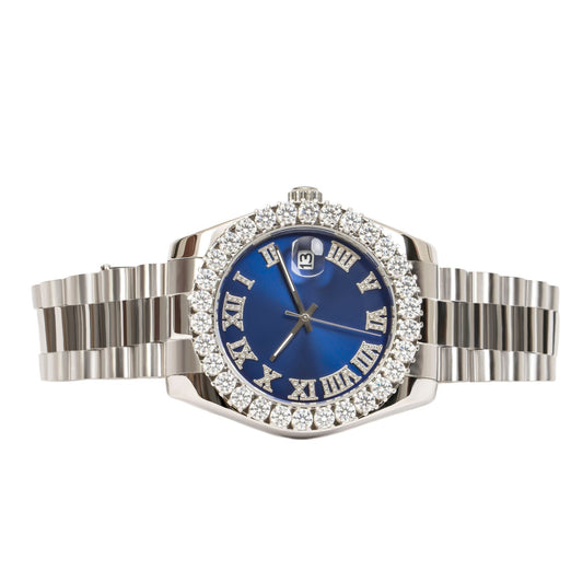Moissanite Stainless Steel Blue Dial Men White Steel Band Watch