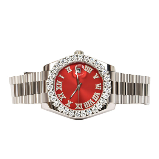 Moissanite Stainless Steel Red Dial Men White Steel Band Watch