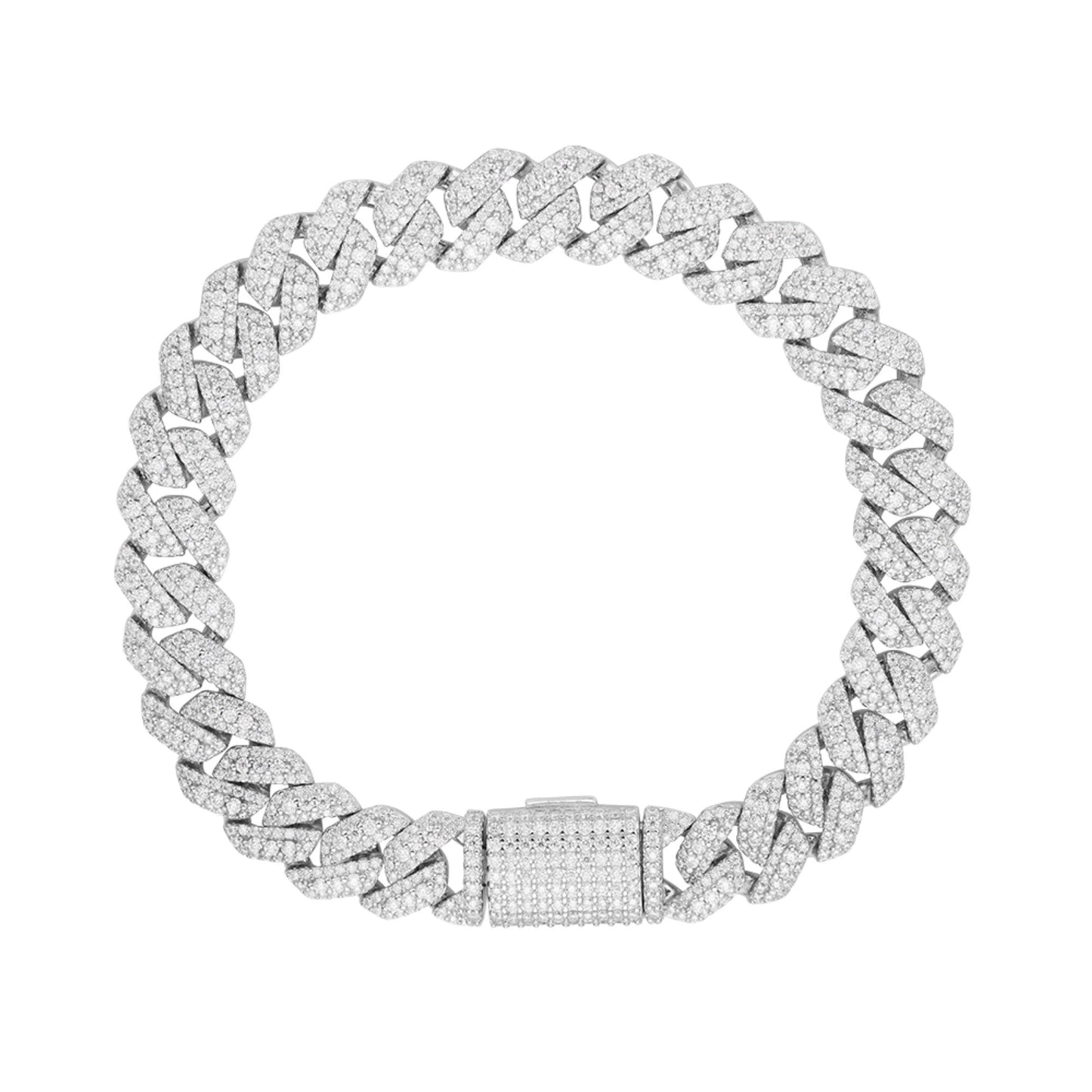 Sterling Silver Round Big Stone in Center Surrounded with Small Stones 10mm Moissanite Cuban Chain 8Inch Bracelet 6-7/8 Ctw