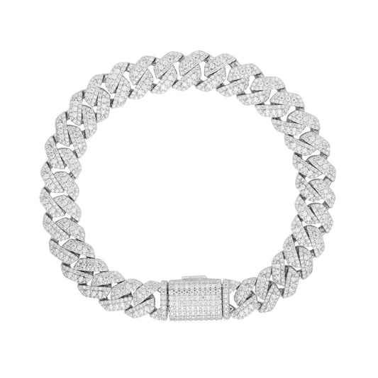 Sterling Silver Round Big Stone in Center Surrounded with Small Stones 10mm Moissanite Cuban Chain 8Inch Bracelet 6-7/8 Ctw