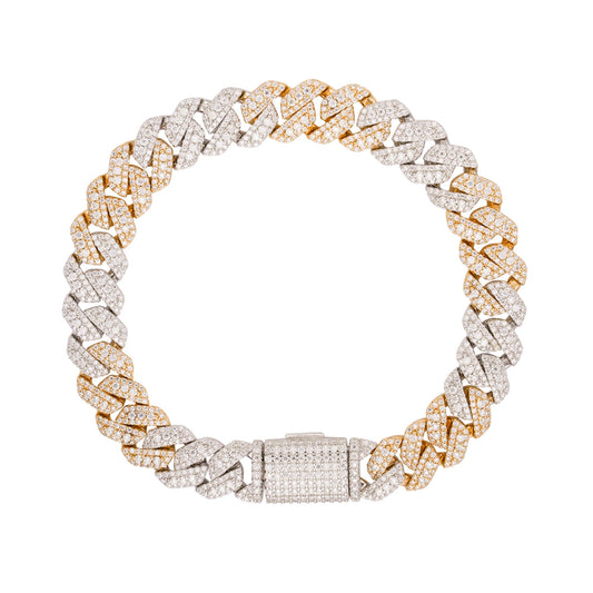 Sterling Silver Round Big Stone in Center Surrounded with Small Stones 10mm Moissanite Cuban Chain 8 Inch Bracelet 6-7/8 Ctw