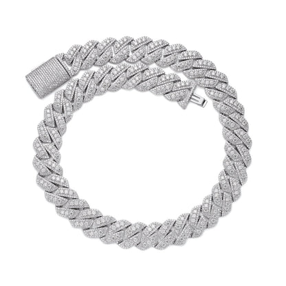 Sterling Silver Round Big Stone in Center Surrounded with Small Stones 12mm Moissanite Cuban Chain 8Inch Bracelet 10-7/8 Ctw