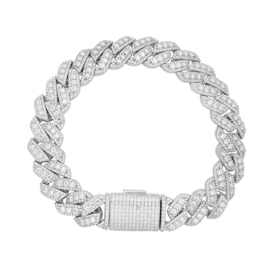 Sterling Silver Round Big Stone in Center Surrounded with Small Stones 12mm Moissanite Cuban Chain 8Inch Bracelet 10-7/8 Ctw