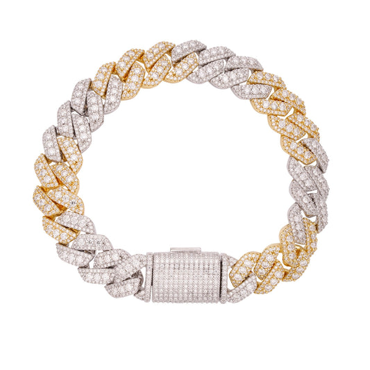Sterling Silver Round Big Stone in Center Surrounded with Small Stones 12mm Moissanite Cuban Chain 8Inch Bracelet 10-7/8 Ctw