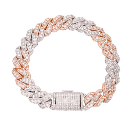 Sterling Silver Round Big Stone in Center Surrounded with Small Stones 12mm Moissanite Cuban Chain 8Inch Bracelet 10-7/8 Ctw