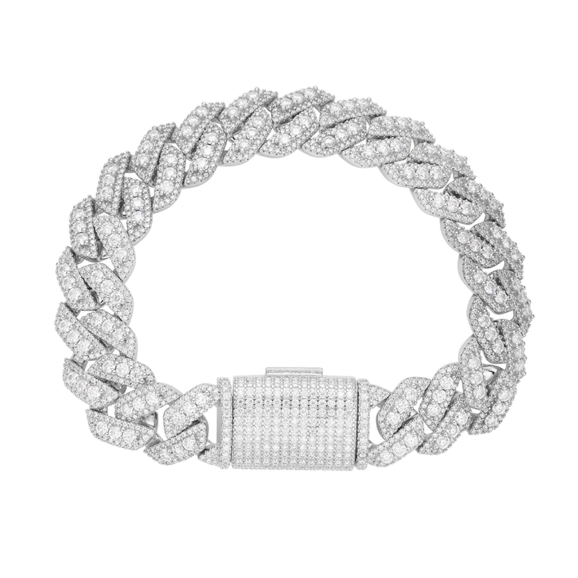 Sterling Silver Round Big Stone in Center Surrounded with Small Stones 14mm Moissanite Cuban Chain 8Inch Bracelet 12-3/4 Ctw