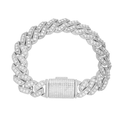 Sterling Silver Round Big Stone in Center Surrounded with Small Stones 14mm Moissanite Cuban Chain 8Inch Bracelet 12-3/4 Ctw