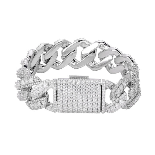 Sterling Silver Round Big Stone in Center Surrounded with Small Stones 20mm Moissanite Cuban Chain 8 Inch Bracelet 19-7/8 Ctw