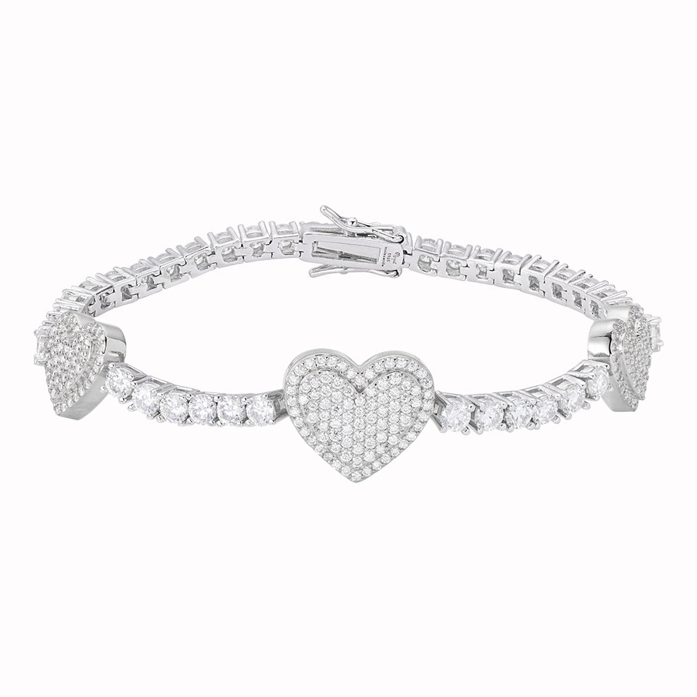 Sterling Silver Round Moissanite 15mm Heart Designer With 3mm Tennis Chain 7 Inch Bracelet 1-1/8 Ctw