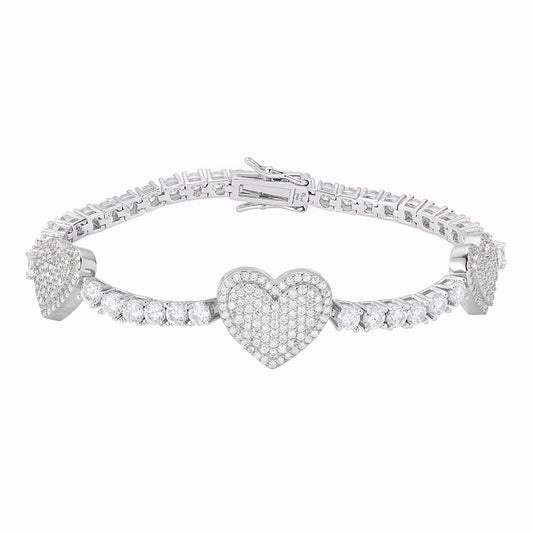 Sterling Silver Round Moissanite 15mm Heart Designer With 3mm Tennis Chain 7 Inch Bracelet 1-1/8 Ctw