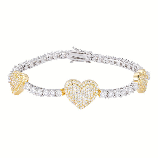 Sterling Silver Round Moissanite 15mm Heart Designer With 3mm Tennis Chain 7 Inch Bracelet 1-1/8 Ctw