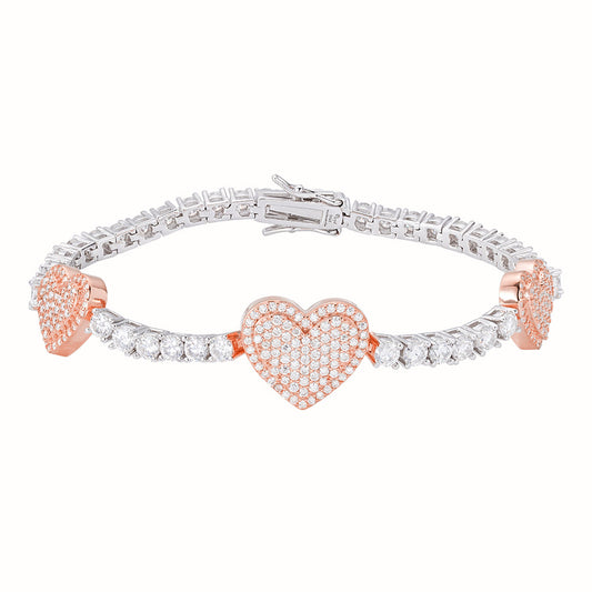 Sterling Silver Round Moissanite 15mm Heart Designer With 3mm Tennis Chain 7 Inch Bracelet 1-1/8 Ctw