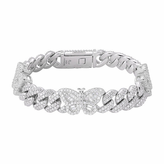 Sterling Silver Round Baguette Moissanite Butterfly Designer 7 Inch Bracelet 5-3/4 Ctw