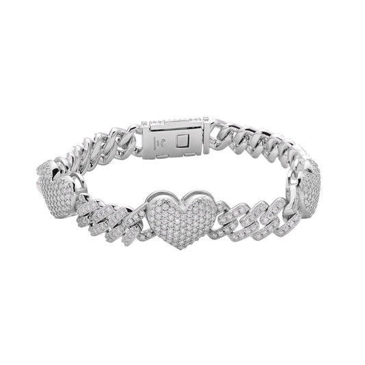 Sterling Silver Round Moissanite Cuban Heart Link Designer 7.5 Inch Bracelet 5-5/8 Ctw