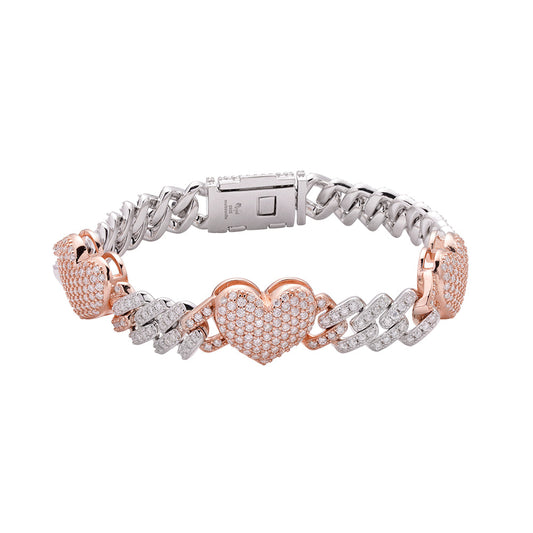 Sterling Silver Round Moissanite Cuban Heart Link Designer 7.5 Inch Bracelet 5-5/8 Ctw