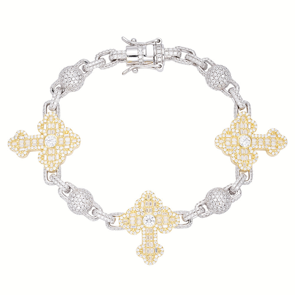 Sterling Silver Round Baguette Moissanite Cross Religious 8 Inch Bracelet 10-1/6 Ctw