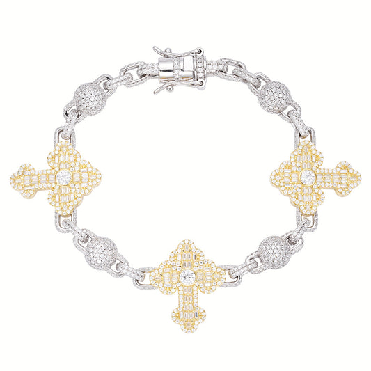 Sterling Silver Round Baguette Moissanite Cross Religious 8 Inch Bracelet 10-1/6 Ctw