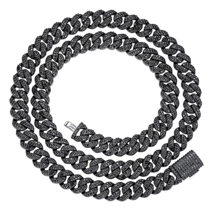 Sterling Silver 10mm Round Black Moissanite Miami Cuban Chain 22 Inch Men Necklace  13-5/8 Ctw