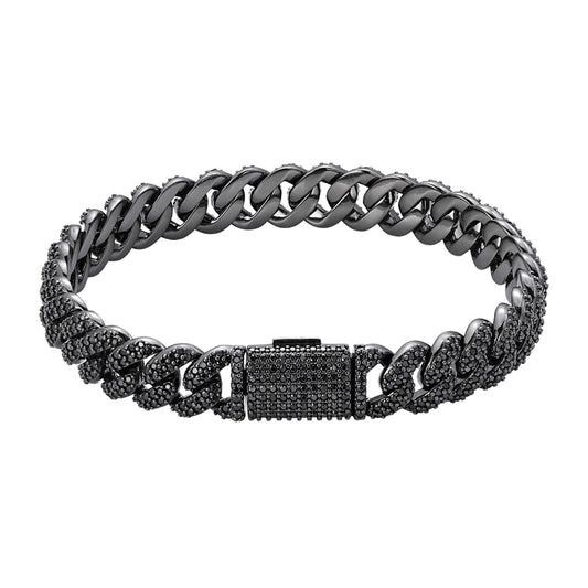 Sterling Silver 10mm Round Black Moissanite Miami Cuban 8 Inch Men Bracelet  5-1/10 Ctw
