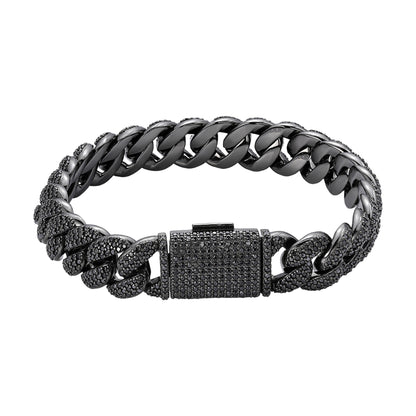 Sterling Silver 12mm Round Black Moissanite Miami Cuban 8 Inch Men Bracelet  7-3/4 Ctw