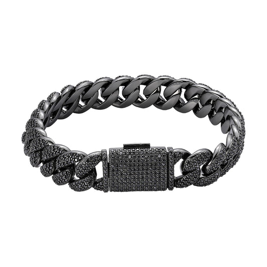 Sterling Silver 12mm Round Black Moissanite Miami Cuban 8 Inch Men Bracelet  7-3/4 Ctw