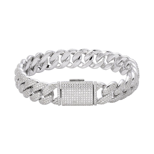 Sterling Silver Moissanite 12mm Cuban Bracelet 8 Inch 7-3/4 Ctw