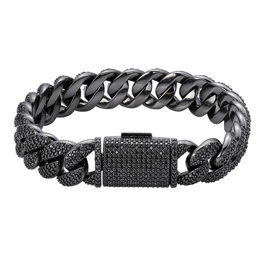 Sterling Silver 15mm Round Black Moissanite Miami Cuban 8.5 Inch Men Bracelet  12-1/10 Ctw