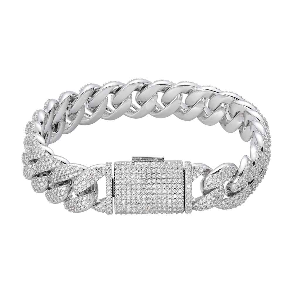 Sterling Silver Round Moissanite 15mm Cuban 8.50 Inch Bracelet 11-3/4 Ctw