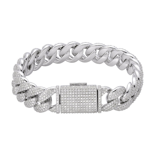 Sterling Silver Round Moissanite 15mm Cuban 8.50 Inch Bracelet 11-3/4 Ctw