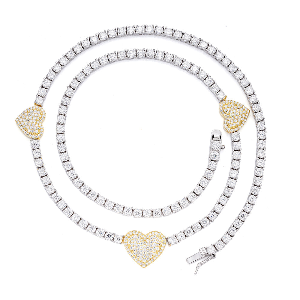 Sterling Silver Round Moissanite 15mm Heart Designer With 3mm Tennis Chain 18 Inch Necklace 1-1/3 Ctw