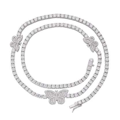 Sterling Silver Round Baguette Moissanite Butterfly Designer 18 Inch Necklace 1-5/8 Ctw