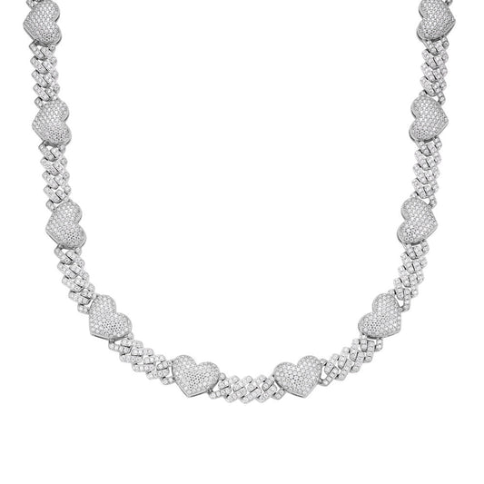 Sterling Silver Round Moissanite Cuban Heart Link Designer 18 Inch Necklace 15-1/2 Ctw