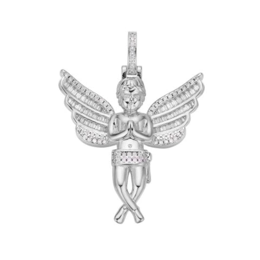 Sterling Silver Moissanite Angel Wings Religious Pendant 1-1/2 Ctw