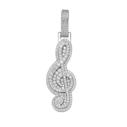Sterling Silver Moissanite Music Note Symbol Pendant 1-5/8 Ctw
