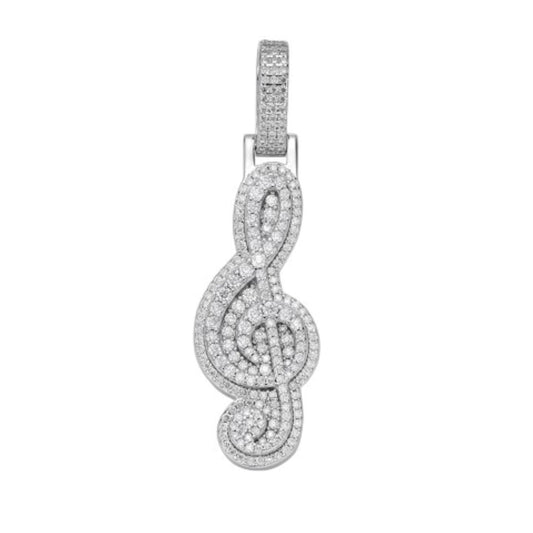 Sterling Silver Moissanite Music Note Symbol Pendant 1-5/8 Ctw