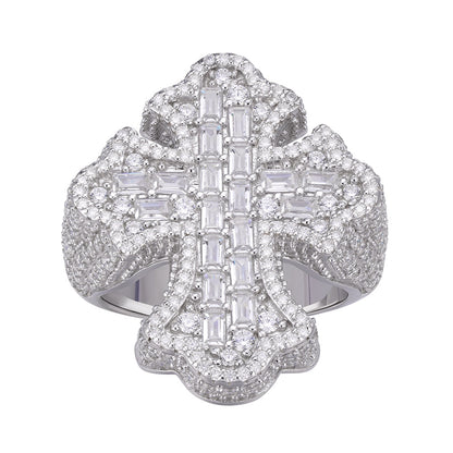 Sterling Silver Round Moissanite With White CZ Men Cross Religious Size 10 Ring 2-5/8 Ctw