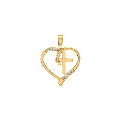 10K Yellow Gold Round Diamond Heart with Cross Pendant 1/25 Ctw