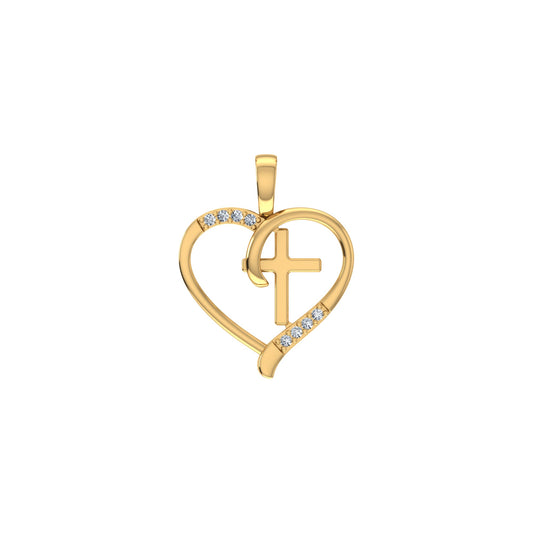 10K Yellow Gold Round Diamond Heart with Cross Pendant 1/25 Ctw