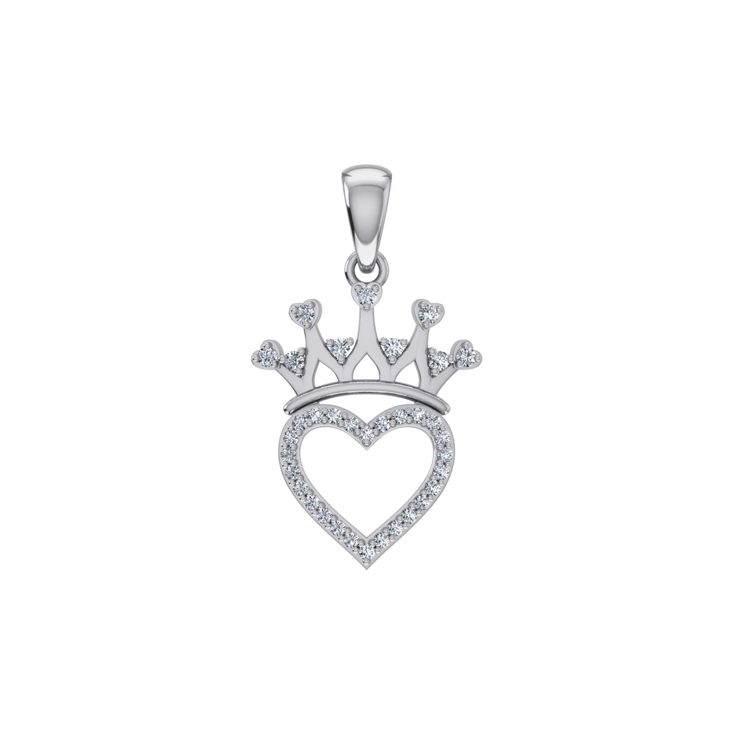 10K White Gold Round Diamond Heart Crown Pendant 1/10 Ctw