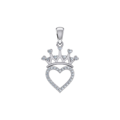 10K White Gold Round Diamond Heart Crown Pendant 1/10 Ctw