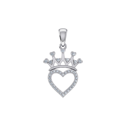 10K White Gold Round Diamond Heart Crown Pendant 1/10 Ctw