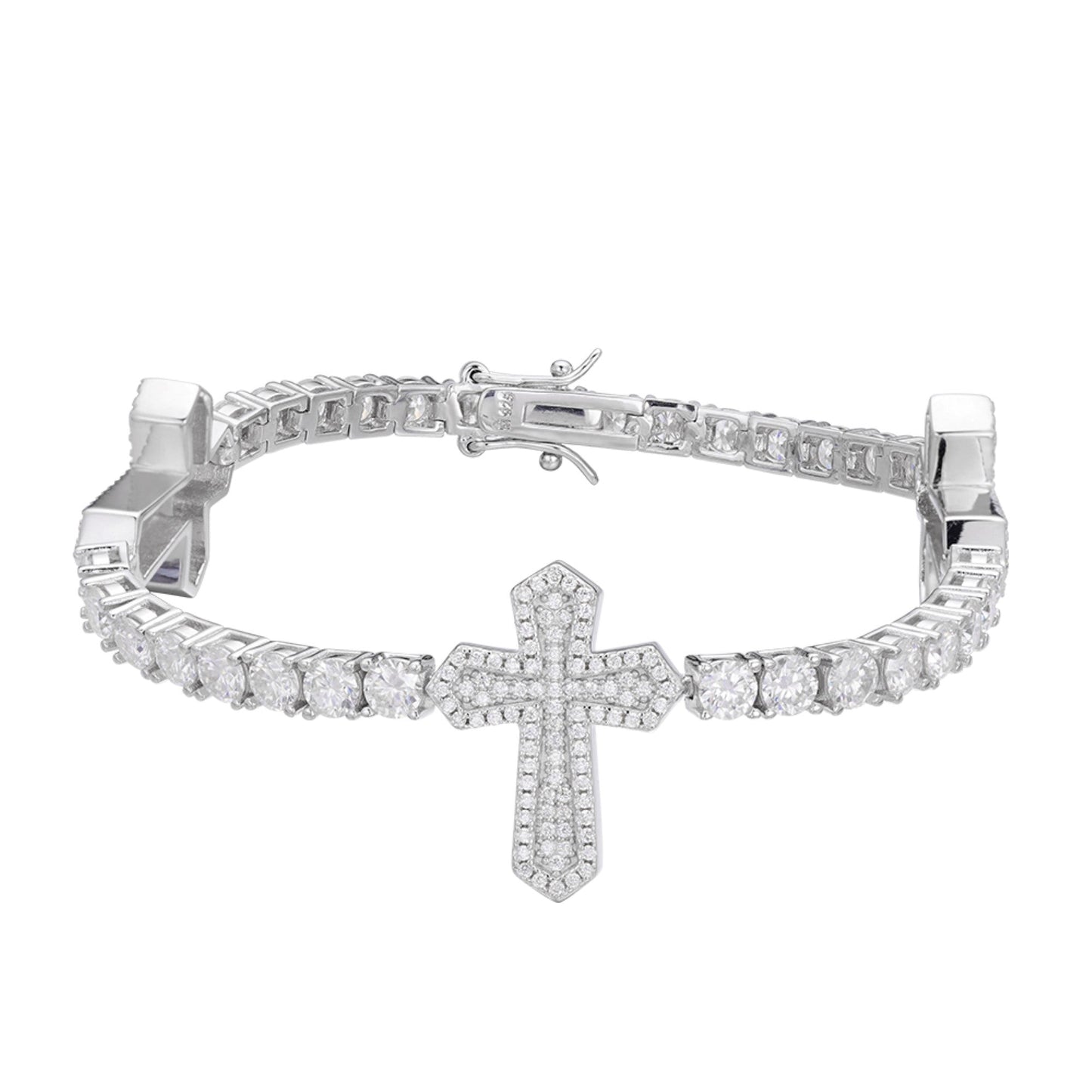 Sterling Silver Round Moissanite Cross Religious Bracelet 8.5 Inch 12-1/3 Ctw